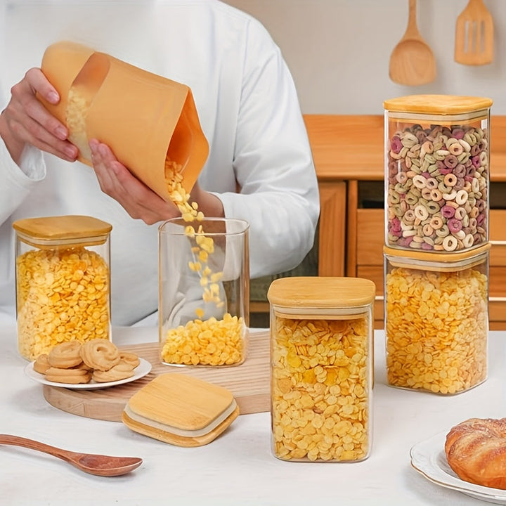 Juego de 6 recipientes de vidrio para almacenar alimentos, con tapa de bambú hermética, ideal para té, café, harina, azúcar, dulces, galletas, especias y más
