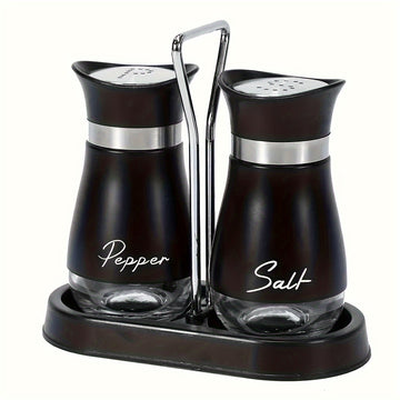 Juego de Salero y Pimentero con Soporte (1 Soporte + 2 Botellas) Salero de Acero Inoxidable con Caja de Cuero Pimentero para Utensilios de Cocina, Regalo de Inauguración de Casa, Decoración Navideña