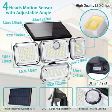 Luz solar para exteriores, 333 LED, con sensor de movimiento, 3 modos con control remoto, luz solar de 4 cabezales, ideal para patio, cochera, porche, jardín, luz solar de pared de 4 cabezales con 333 LED y 3 modos de efecto de luz