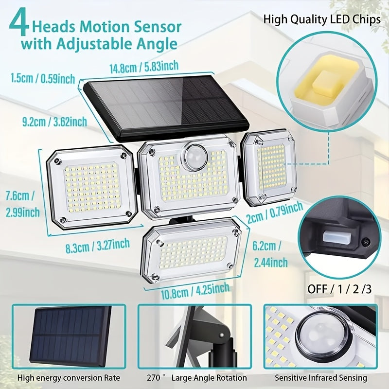 Luz solar para exteriores, 333 LED, con sensor de movimiento, 3 modos con control remoto, luz solar de 4 cabezales, ideal para patio, cochera, porche, jardín, luz solar de pared de 4 cabezales con 333 LED y 3 modos de efecto de luz