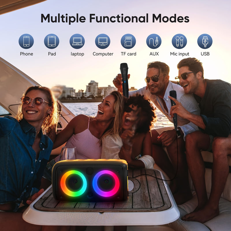Altavoz inalámbrico portátil con micrófono, luces LED y batería de litio de 2400 mAh, perfecto para fiestas en casa y camping al aire libre.