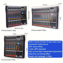 Consola de mezcla audio profesional de 6/8 canales con alimentación fantasma de 48V, USB y interfaces XLR/RCA, ideal para actuaciones en vivo, grabación de streaming y escenarios musicales