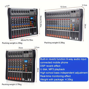 Consola de mezcla audio profesional de 6/8 canales con alimentación fantasma de 48V, USB y interfaces XLR/RCA, ideal para actuaciones en vivo, grabación de streaming y escenarios musicales