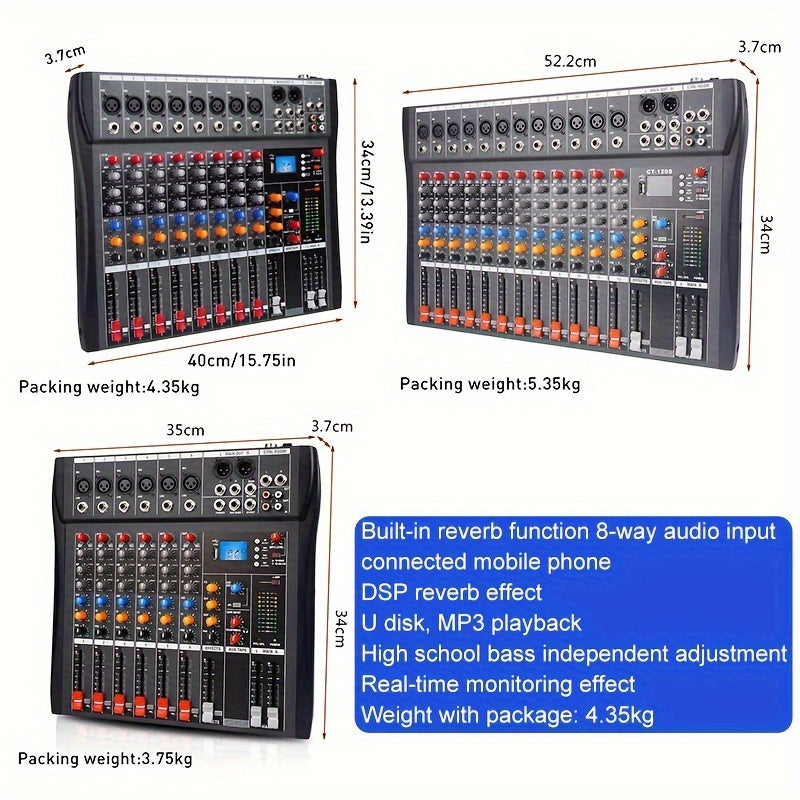 Consola de mezcla audio profesional de 6/8 canales con alimentación fantasma de 48V, USB y interfaces XLR/RCA, ideal para actuaciones en vivo, grabación de streaming y escenarios musicales
