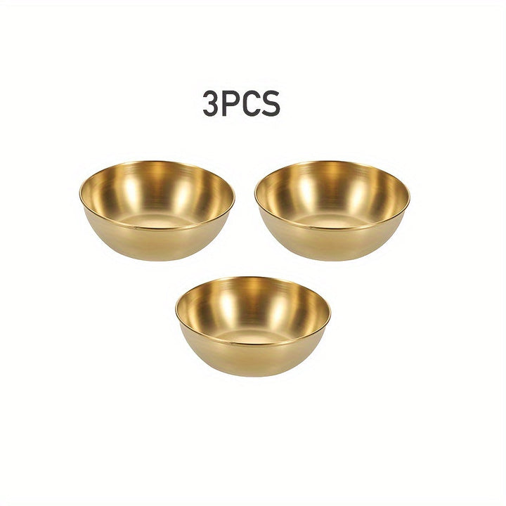 3/5/15 piezas de plato de salsa dorada de lujo, mini tazón de salsa individual de acero inoxidable premium y palillos, plato de condimentos redondo adecuado para sushi/tortilla mexicana/papas fritas, plato de aperitivo, accesorios para bandejas de delica