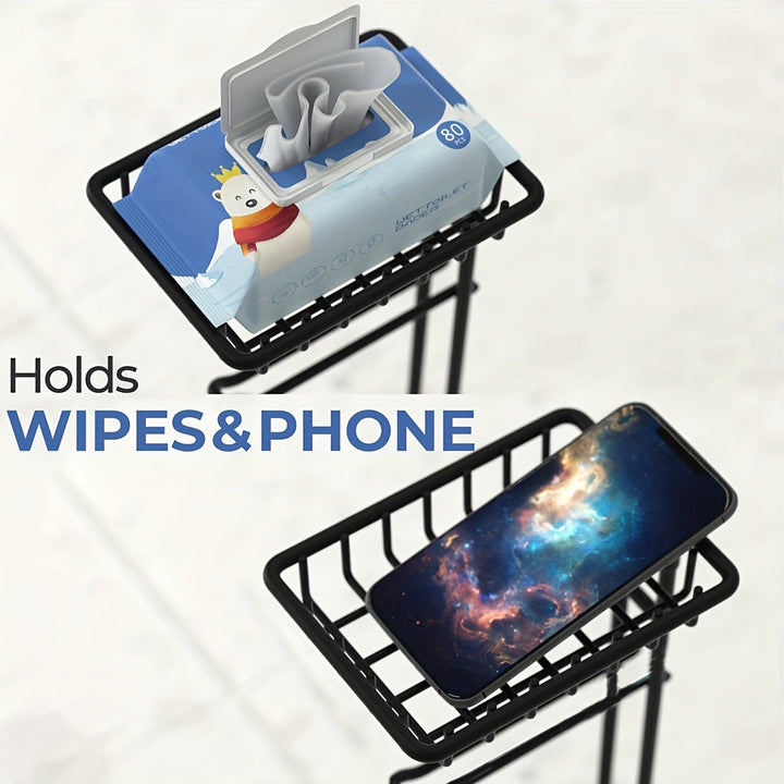 Soporte para papel higiénico de hierro forjado pintado, independiente, con estante adicional para rollos gigantes, teléfono, toallitas y difusor, instalación con adhesivo, para baño