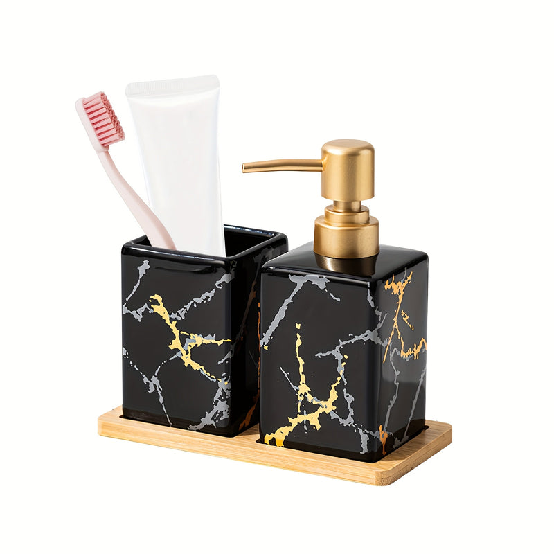 3 piezas de dispensador de jabón de mano de cerámica con patrón de mármol con bandeja de bambú - Negro y dorado, diseño independiente para encimera de baño, ideal para almacenamiento de loción y jabón, organizadores y almacenamiento de baño.