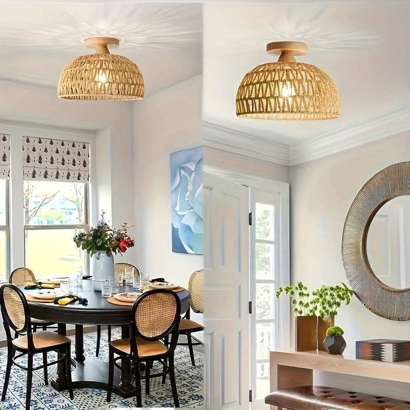 Linterna de techo semicircular rústica marrón con cabeza de lámpara de madera y jaula metálica de ratán para sala de estar, pasillo, baño, cocina, dormitorio, galería interior, cafetería - compatible con bombillas E26/E27 (bombillas no incluidas)