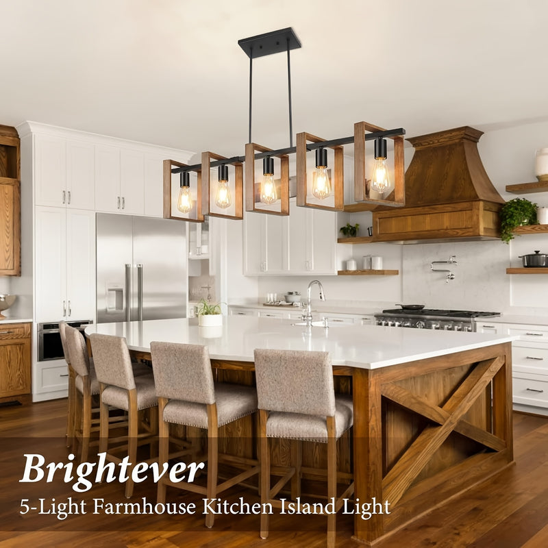 Lámpara de cocina rústica de 105.41 cm - Candil de comedor ajustable con 5 luces, acabado en madera rústica y metal negro mate, montaje semiempotrado con base E26 (focos no incluidos) para cocina, mesa de billar, comedor, iluminación de cocina | Encanto