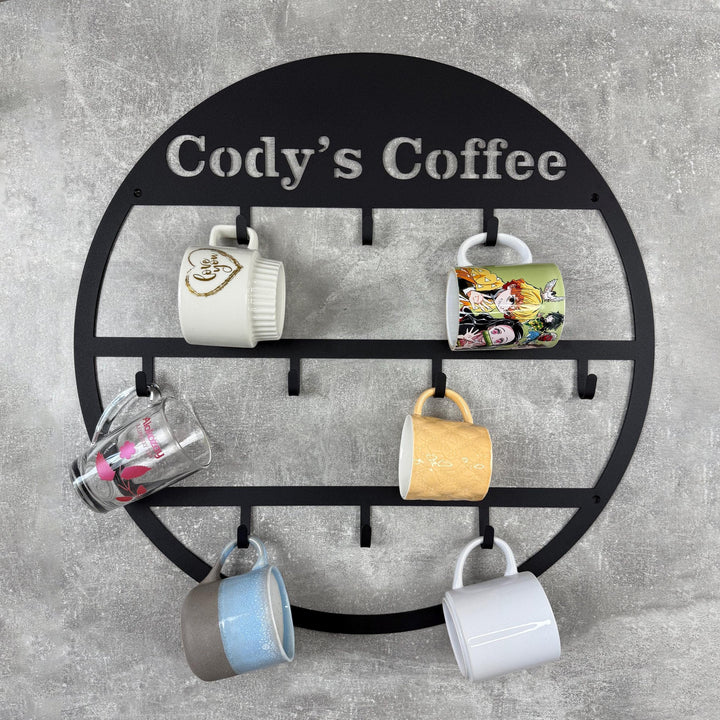 Estante de tazas de café personalizadas "Cody'S Coffee" - Organizador de pared con 6 ganchos, construcción de hierro, perfecto para decoración de cocina y comedor, accesorio para bar de café.