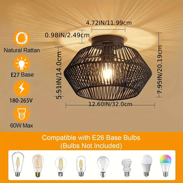 Lámpara de techo estilo boho de mediados de siglo, base E27, montaje semiempotrado, pantalla de 32.0 cm tejida a mano en ratán y metal, acabado barnizado, instalación cableada para dormitorio, pasillo, habitación infantil o sala de estar - Negro