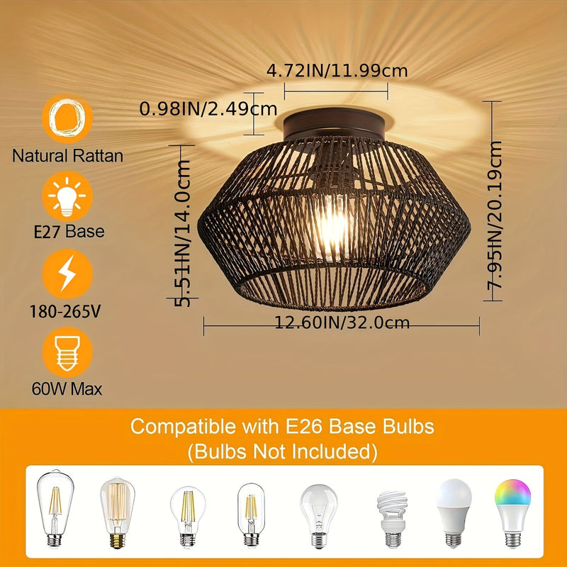 Lámpara de techo estilo boho de mediados de siglo, base E27, montaje semiempotrado, pantalla de 32.0 cm tejida a mano en ratán y metal, acabado barnizado, instalación cableada para dormitorio, pasillo, habitación infantil o sala de estar - Negro