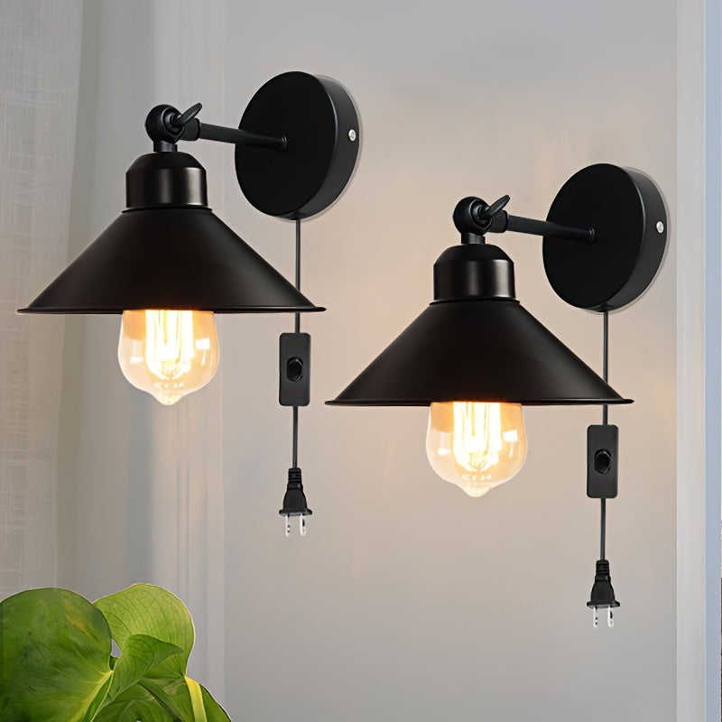 2 luces de pared ajustables de ángulo, estilo industrial tradicional, montaje semienterrado, alimentado por enchufe de EE. UU., base de bombilla E26, sombra de hierro, 110-240V, para sala de estar y dormitorio, bombilla no incluida.