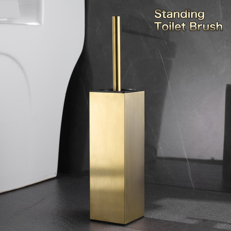 Juego de Escobilla de Inodoro de Acero Inoxidable en Tono Dorado Elegante con Mango Largo - Diseño Cuadrado sin Esquinas Muertas para Limpieza Profunda, Accesorio de Baño que Ahorra Espacio, Navidad, Halloween, Fácil de Montar, a Prueba de Goteo