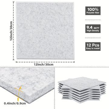 Panel acústico de alta densidad de 12 piezas autoadhesivas en gris plateado de 30*30*0.9cm, ideal para salas de reuniones, paredes y techos de oficinas, estudios de grabación, estudios vocales, salas de juegos, cines, tratamiento acústico y paneles de ai