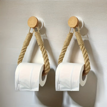 2 piezas de soporte para toallas de papel de cuerda de cáñamo, tejido en madera maciza, porta toallas sin agujeros, creativo