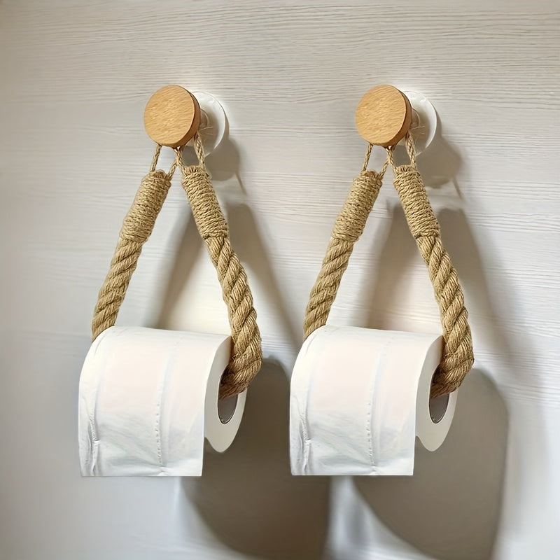 2 piezas de soporte para toallas de papel de cuerda de cáñamo, tejido en madera maciza, porta toallas sin agujeros, creativo