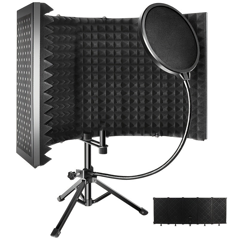 Escudo aislante para micrófono de estudio con trípode, espuma absorbente de alta densidad para filtrado vocal, escudo de sonido plegable para micrófono condensador, ideal para música, podcasts, canto y transmisiones, equipo de grabación | Diseño plegable
