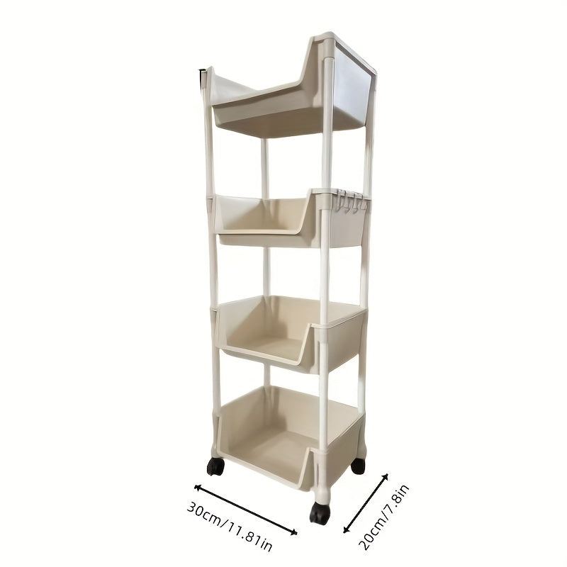 Estante de almacenamiento de plástico de 3/4/5 niveles con ruedas - Organizador versátil para sala de estar, dormitorio, residencia | Uso para todas las estaciones, sin necesidad de ensamblaje, blanco, organizador de almacenamiento de 4 niveles