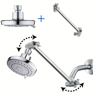 Cabezal de ducha de lluvia de alta presión ajustable de 5 modos con diámetro de 5" (12,7 cm) y brazo de extensión de 10" (25,4 cm) - Acabado pulido, montaje en pared, no requiere electricidad, plástico duradero para uso doméstico y comercial, cabezal de