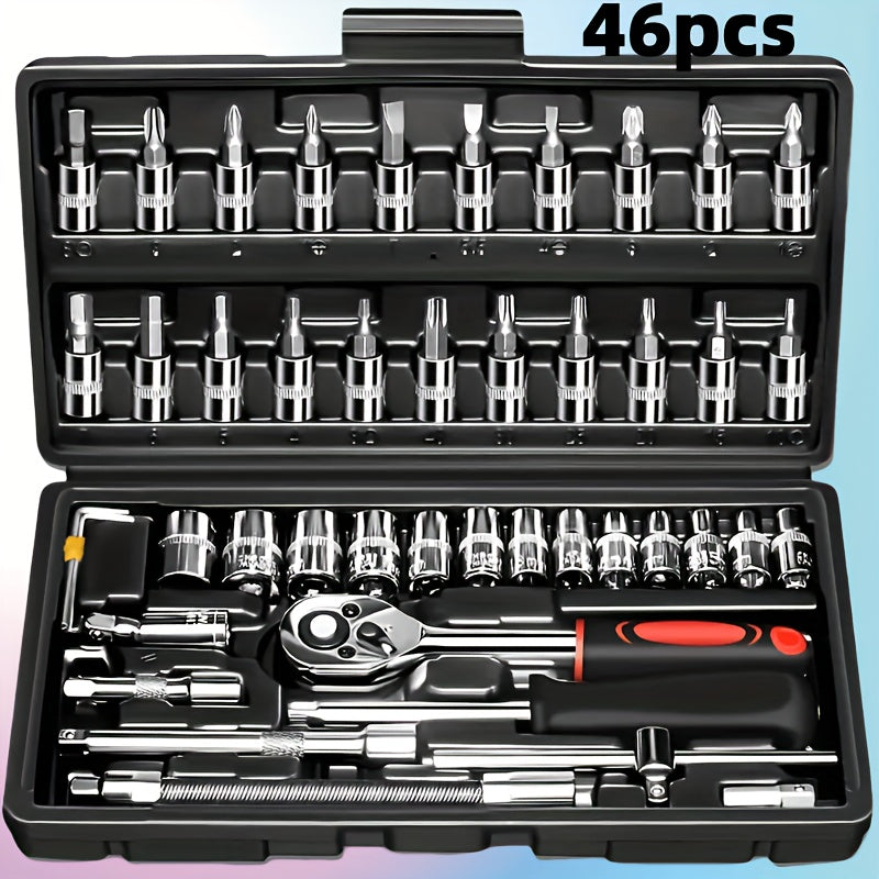 Juego de herramientas de 46 piezas de acero cromo vanadio, kit de llaves multifuncionales templadas, alto torque, portátil para mantenimiento de autos, bicicletas y motocicletas
