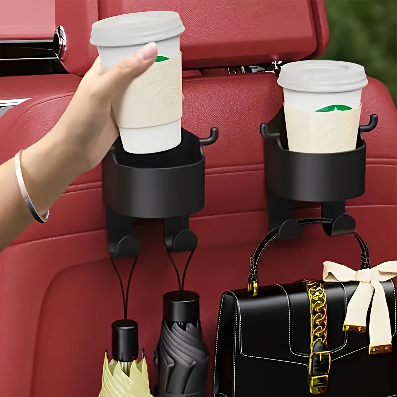 Un par de soportes para vasos con ganchos para asientos traseros, multifuncionales para asientos de coche, pueden sostener teléfonos móviles, bolsos, paraguas y otros objetos.