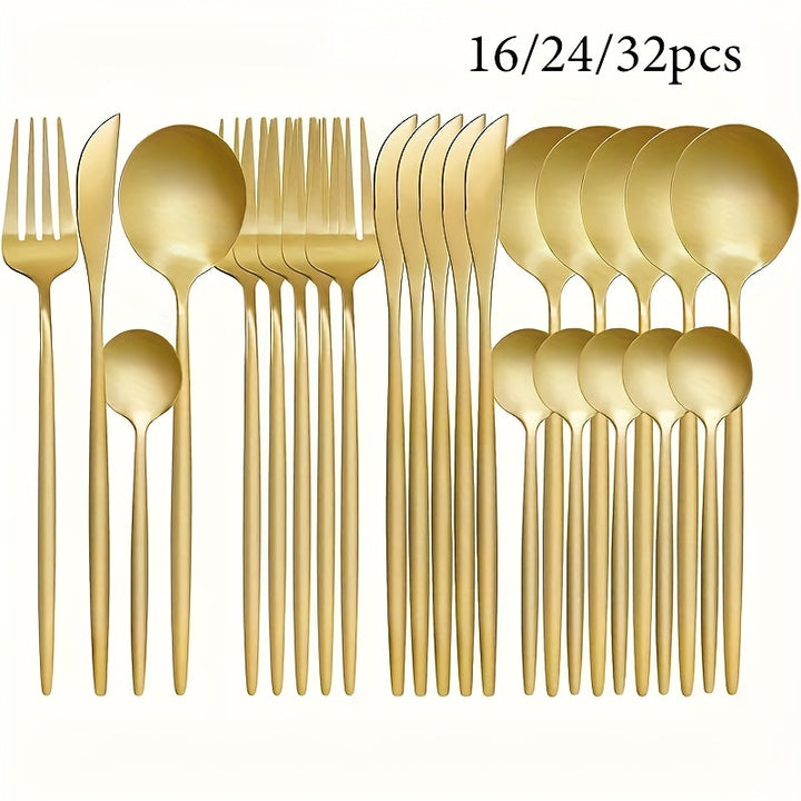 Juego de cubiertos de acero inoxidable dorado pulido, 16/24/32 piezas, en caja de regalo, incluye tenedor, cuchillo y cuchara, apto para lavavajillas, ideal para Navidad, Halloween, Pascua, 4 de julio y otras celebraciones