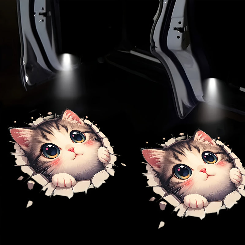 Pack de 2 Luces LED de Gato Animado Lindo para Bienvenida - Proyección en el Peldaño de la Puerta Automática, Decoración para Puertas del Coche, Rojo con Pilas (Pilas No Incluidas) - Regalo Perfecto para Amantes de los Gatos, Accesorios para Gatos
