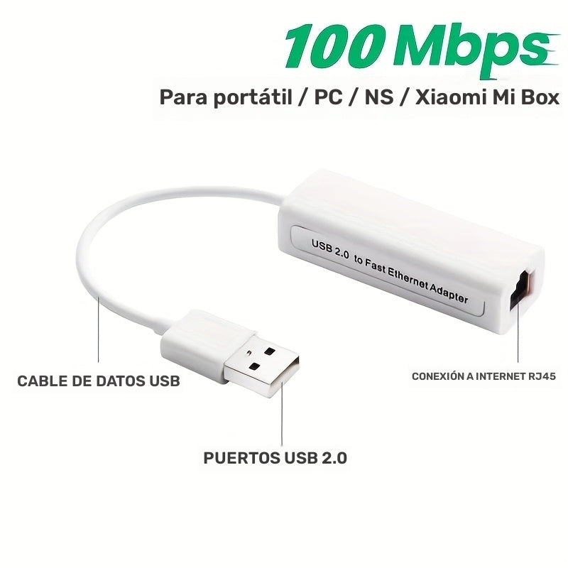 Adaptador USB 2.0 a Ethernet LAN, tarjeta de red de 100 Mbps, conversor ultra rápido USB 2.0 a RJ45 para laptop, compatible con sistemas Windows