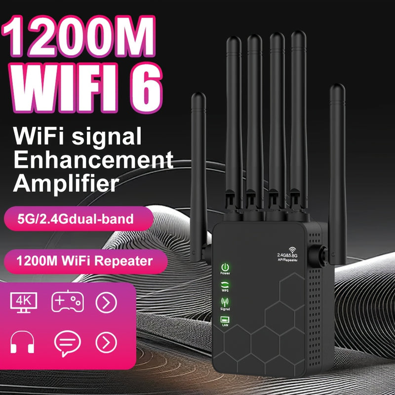 Extensor de red inalámbrica Momotor-WIFI, amplificador de señal de red doméstica, potenciador de WiFi con tasa de 2,4 GHz, potencia tu señal de WiFi, 35 dispositivos en 4 modos de configuración 1-TAP, 6 paquetes de antenas potentes de 360°, cubierta comp