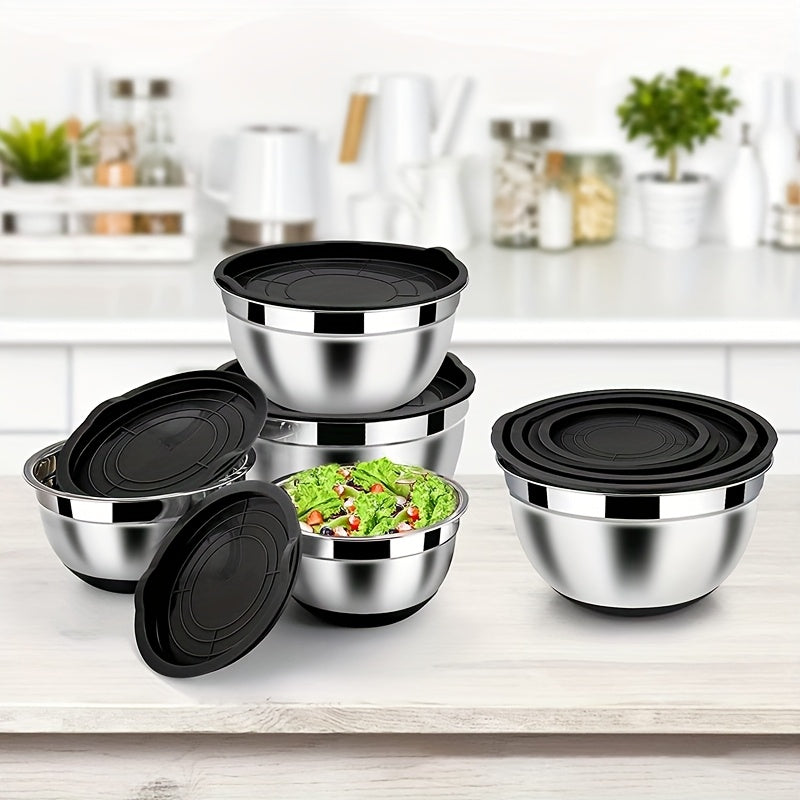 Juego de 5 tazones de acero inoxidable para ensalada con tapa, cuencos apilables para ensaladas, frutas, pasta y repostería, seguros para exteriores, forma redonda, novedosos utensilios de cocina