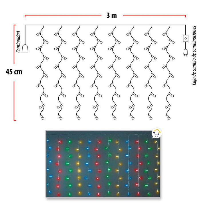 Cortina Led 3 Mts x 45 Cm 100 Led Multicolor Luces Navidad 1323