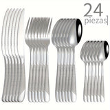 Juego de cubiertos de acero inoxidable con diseño de estrella, 24 piezas - Incluye cuchillo para carne, tenedor, cuchara y cuchara de postre - Ideal para hoteles y restaurantes