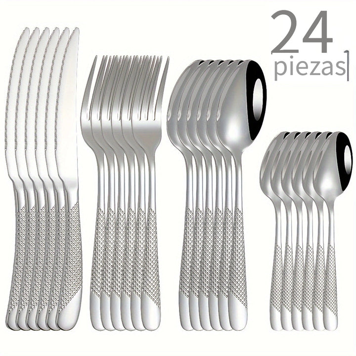 Juego de cubiertos de acero inoxidable con diseño de estrella, 24 piezas - Incluye cuchillo para carne, tenedor, cuchara y cuchara de postre - Ideal para hoteles y restaurantes