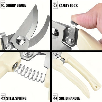 Tijeras de poda de jardín de acero inoxidable profesional con mango blanco ergonómico, diseño que ahorra trabajo con mango blanco ergonómico - Adecuado para todas las estaciones - Perfecto para ramas, flores y injertos de árboles, tareas de huerta y jard