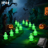 12 paquetes de luces solares de tierra espeluznantes para Halloween - Bats de horno de luces verdes, calidad IP44, 8 modos de iluminación (esqueleto/soplado/cambiando), montaje semi-inclinado, plástico duradero para decoraciones de exteriores de Hallowee