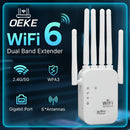 Amplificador de red WiFi 6 dual band OEKE - Cobertura de 2743,2 metros, soporte para 35 dispositivos, 6 antenas, WPA3, puerto de gigabit, configuración fácil, 4 modos, blanco, amplificador de red WiFi, aumento de red en casa, diseño de tecnología moderna