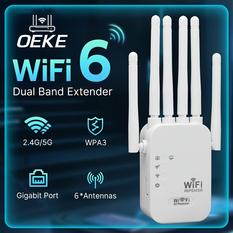 Amplificador de red WiFi 6 dual band OEKE - Cobertura de 2743,2 metros, soporte para 35 dispositivos, 6 antenas, WPA3, puerto de gigabit, configuración fácil, 4 modos, blanco, amplificador de red WiFi, aumento de red en casa, diseño de tecnología moderna