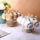 1 soporte plegable elegante de metal dorado para tazas y platillos, capacidad para 6 tazas de té florales, ideal para mostrador de cocina o sala de estar