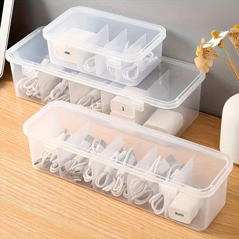 Caja de gestión de cables de gran capacidad con 5 compartimentos y tapa - Solución de almacenamiento de escritorio que ahorra espacio para uso en la oficina y en casa, plástico duradero, perfecta para organizar cables y cargadores, gestión de cables en c