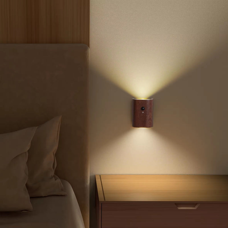 1pc Luz de Pared LED Moderna con Sensor de Movimiento y Alimentación USB - Madera Maciza, Brillo Ajustable, Batería Recargable de 800mAh, Ideal para Escaleras y Pasillos
