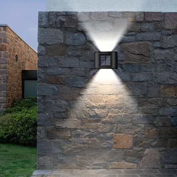Lámpara solar de pared con 6 LED, luz cálida/blanca, sensor de luz, ideal para jardín, porche, escaleras y caminos, con batería de níquel recargable, iluminación exterior moderna