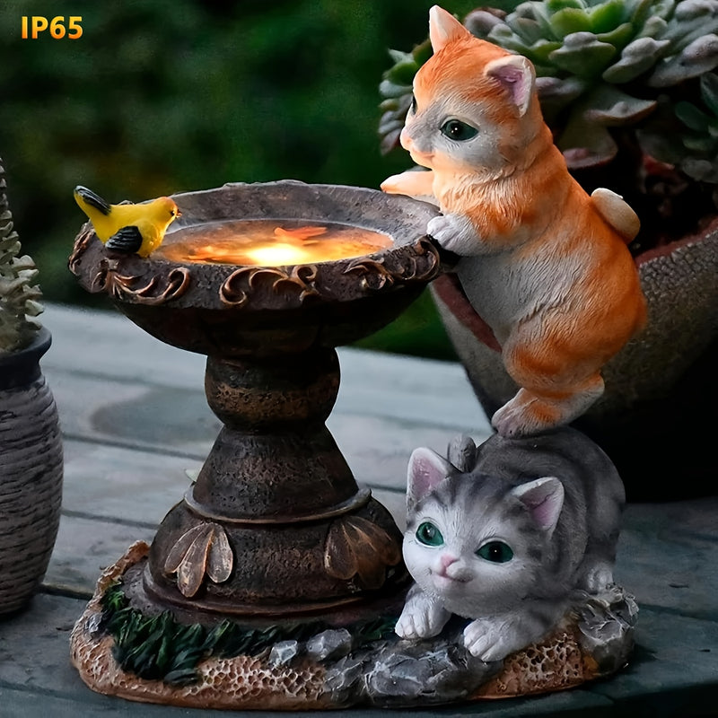 [1pc Estatua de Baño para Pájaros con Doble Gato con Energía Solar] Luces de Estatua de Baño para Pájaros con Doble Gato con Energía Solar, Escultura de Animal de Resina con Acabado Encáustico, Impermeable, Control de Botón, con Batería de Níquel Recarga