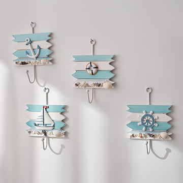 Perchero de madera contemporáneo y ganchos para toallas, organizador de almacenamiento de fácil instalación en la pared para el hogar, hotel, decoración costera - Perchero colgante de temática náutica con velero decorativo, ancla, timón y conchas marinas