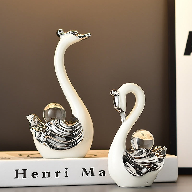 2 Piezas de Figuras de Cisne con Cristales - Decoración de Resina de Lujo para Sala, Soporte de TV, Uso Interior/Exterior - Regalo Elegante para Recién Casados