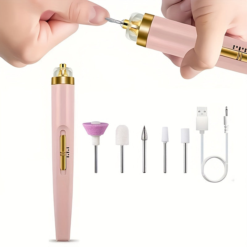 Broca Portátil para Uñas con 5 Accesorios, Recargable USB y Luz LED, Velocidad Ajustable, Ideal para Manicura y Cuidado de Uñas