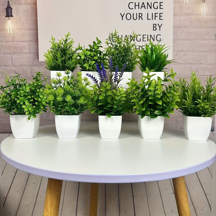 9 Piezas, Plantas Artificiales En Macetas, Pequeñas Macetas De Plástico Blanco Para Decoración, Plantas Verdes Falsas Para El Hogar, La Oficina, El Baño, La Estantería Y La Decoración Interior Del Escritorio, Decoración De Primavera Y Verano