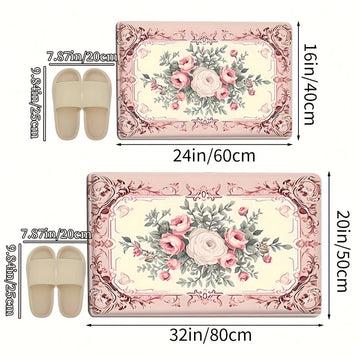1pc Alfombra decorativa absorbente para cocina, baño y sala de estar de estilo campestre francés, lavable en máquina con respaldo de PVC antideslizante y alfombra de poliéster de 600gsm, rectangular, para entrada
