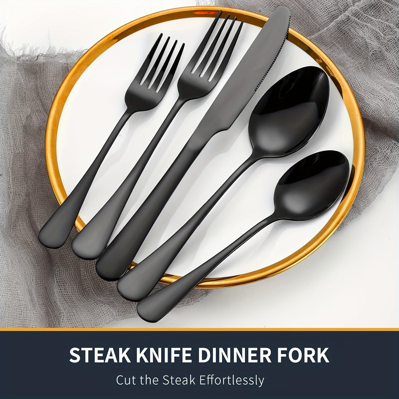 Juego de cubiertos de acero inoxidable estilo occidental, 40 piezas, para 8 personas, color negro, incluye cuchillo, tenedor, cuchara, tenedor de postre y cuchara de postre, ideal para restaurantes familiares, hoteles y banquetes de bodas, seguro para la