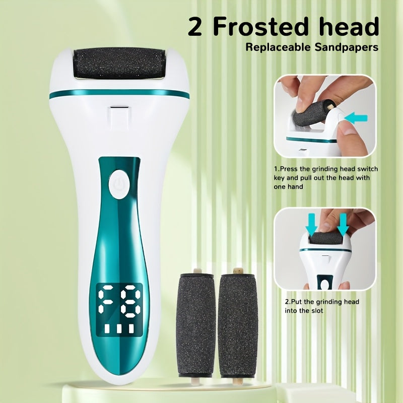 Exfoliador eléctrico de pies recargable por USB con cabezas de lijado reemplazables - Alimentado por USB, pantalla LCD, mango ergonómico para eliminar la luz muerta y pulir, uso cómodo, blanco, exfoliación de pies, herramienta de belleza, diseño elegante